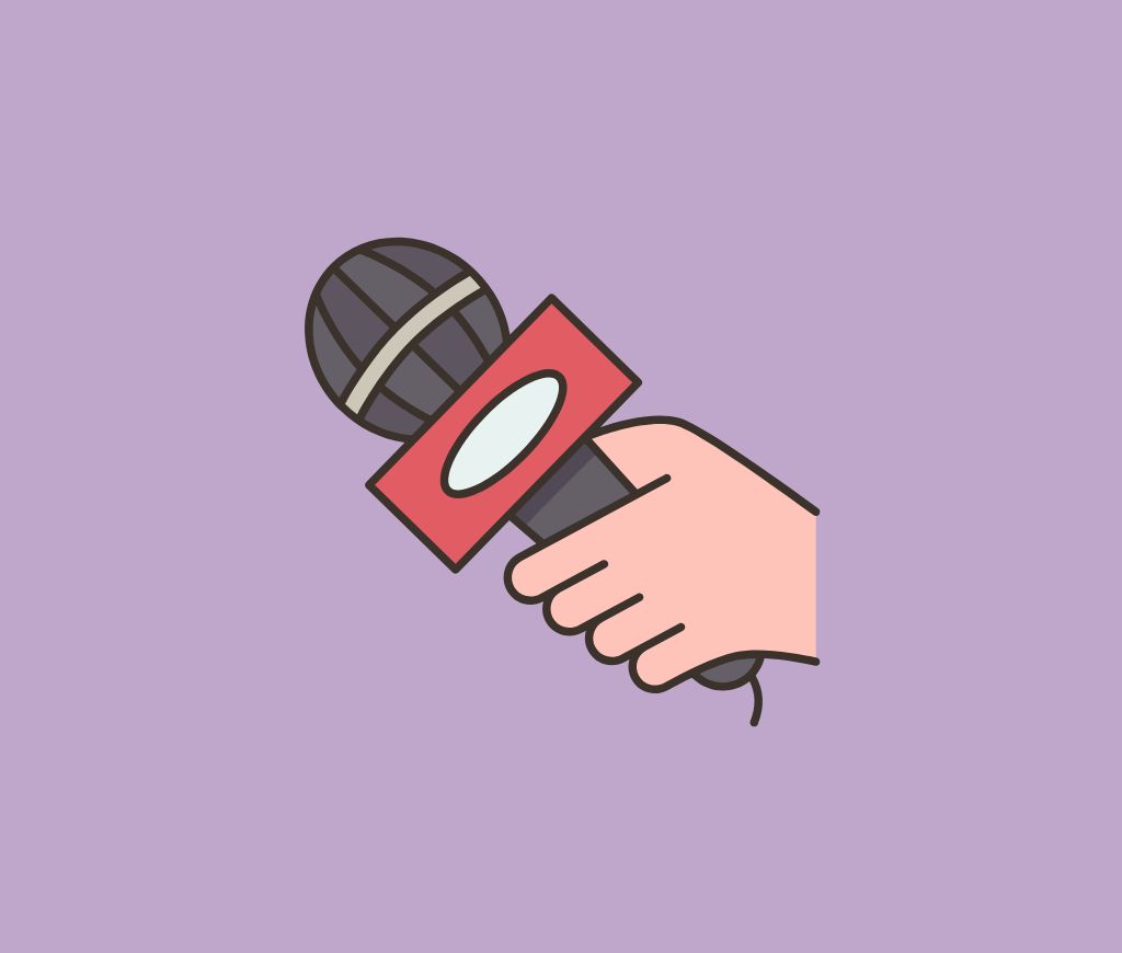 Purple background with a graphic of a white hand holding a microphone