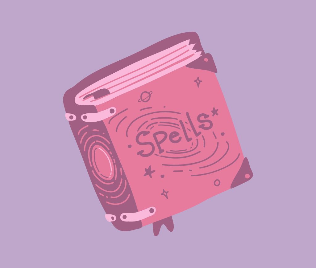 Purple background with a pink spell book