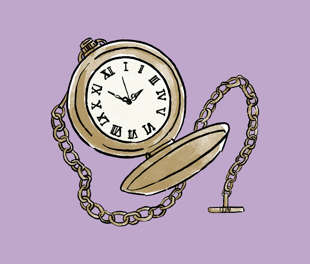 A purple background with a graphic of an open pocket watch.