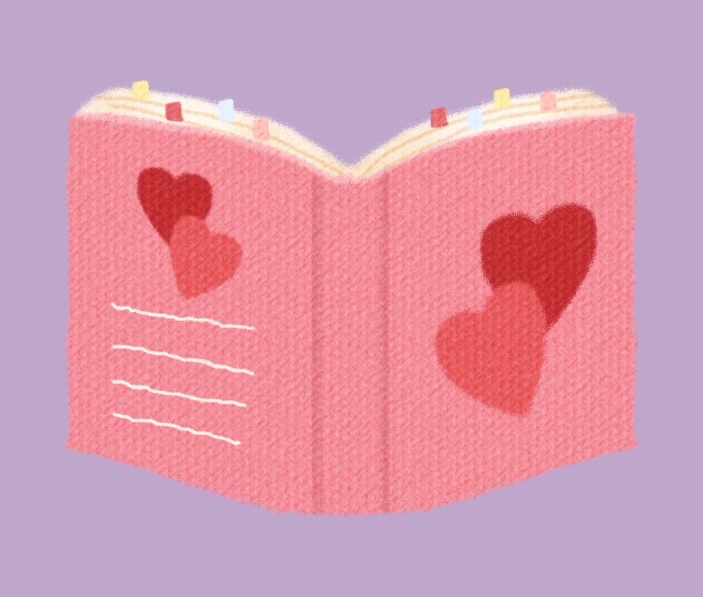 Purple background with an open pink book that has red and pink hearts on the front and back cover.