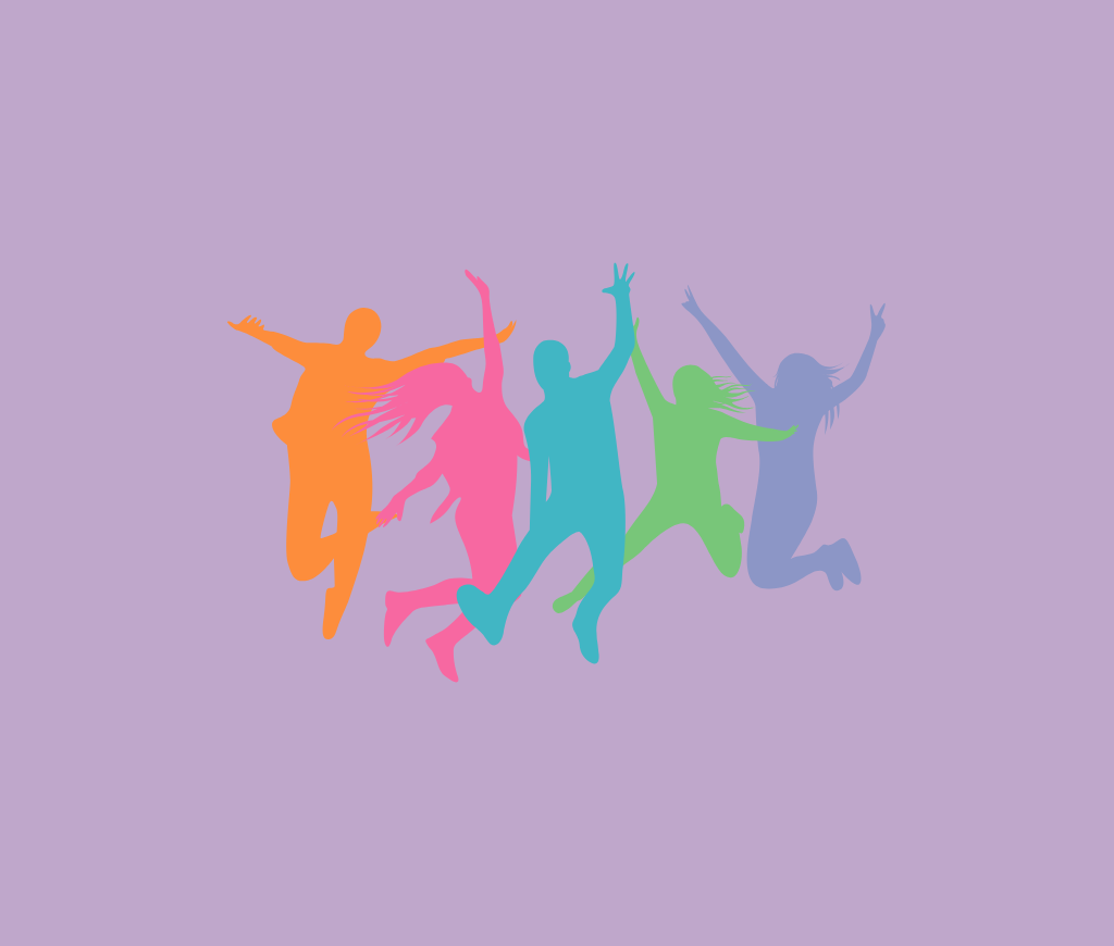 Purple background with a graphic of people in various bright colors jumping in the air